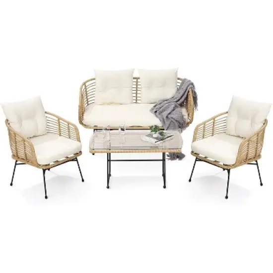 4-Piece Outdoor Patio Furniture Set with Boho Rope Wicker Sofa, Loveseat & Glass Table, All-Weather Couch for Garden, Backyard, Porch image {2}