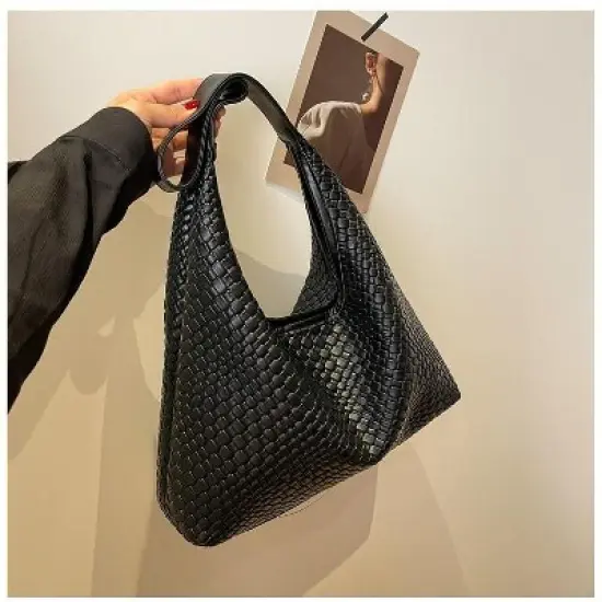 Woven Leather Tote Bag for Women Top-handle Shoulder Bag, Hobo Bags Large Capacity Soft Vegan Crossbody Handbag Underarm (black) image {2}