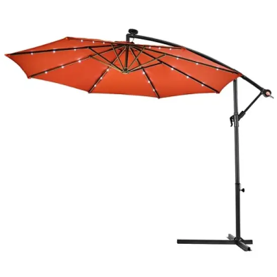 Costway 10' Hanging Solar LED Umbrella Patio Sun Shade Offset Market W/Base Orange image {5}