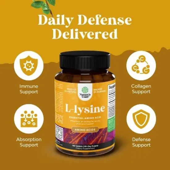 Lysine Tablets, High Strength L-Lysine Supplement for Eye Health Lip Care Collagen Synthesis and Immune Support, Nature's Craft, 100ct image {1}