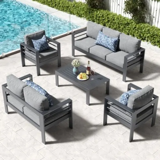 LayinSun Outdoor Aluminum Furniture Set, 5 Pieces Patio Sectional Conversation Chat Sofa Modern Seating Set with Coffee Table image {8}
