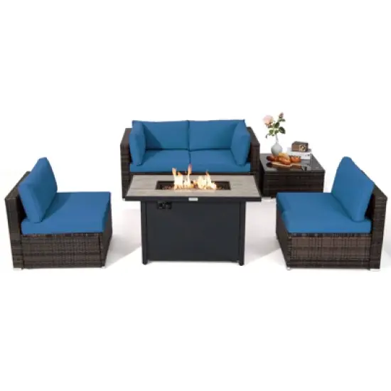 Tangkula 6 Pieces Outdoor PE Rattan Wicker Sectional Sofa with 42" 60,000 BTU Gas Fire Pit Table, Patio Conversation Set with Tempered Glass Coffee Table Black/Navy Blue/Red/Turquoise/Off White image {11}