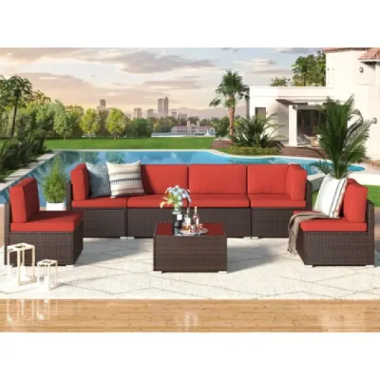 COWLOWN 7 Piece Patio PE Rattan Wicker Sofa, Outdoor Sectional Furniture Chair Set with Cushions and Coffee Table,Patio PE Rattan Wicker Sofa image {6}