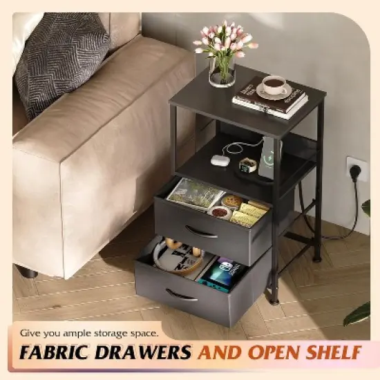 GALAXHERO Night Stand Set of 2,Small End Tables with Charger Station Nightstand with 2 Fabric Drawers & Storage Shelf, LED Bedside Table for Bedroom image {4}