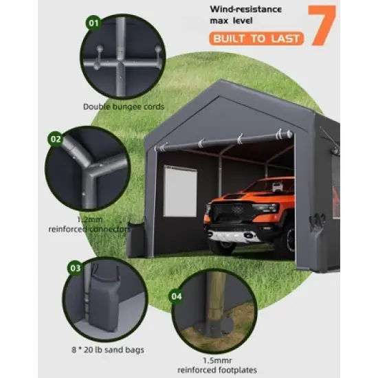 12x20x11Ft Heavy-Duty Garage with Canopy Top,Back Doors,Roll-Up Windows,Carport Shelter Reinforced Structure for Cars,Trucks,Boats and Parties,Gray image {3}