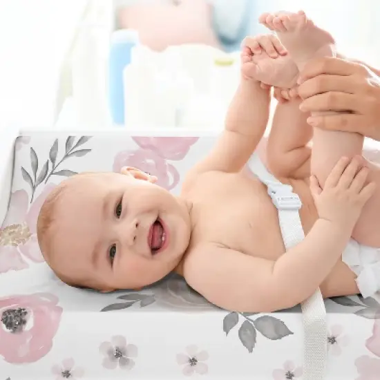 Sweet Jojo Designs Girl Changing Pad Sheet Watercolor Floral Pink and Grey image {2}