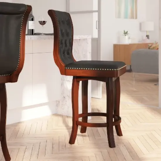 Merrick Lane Wood Stool in with Button Tufted Faux Leather Seat and Back and Footrest image {2}