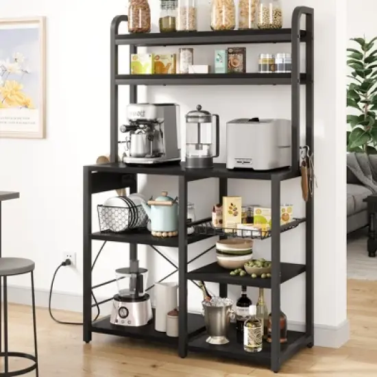 Bakers Rack with Power Outlet, 5-Tier Microwave Stand with Wire Basket, Coffee Bar Station, Kitchen Open Storage Shelves for Spices, Dishes image {5}