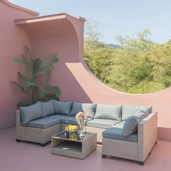 FIONECA 7-Piece Outdoor Boho Wicker Sectional Sofa Set with Water-Resistant Grey Cushions image {5}