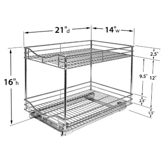 Lynk Professional 14" x 21" Slide Out Double Shelf - Pull Out Two Tier Sliding Under Cabinet Organizer: Chrome-Plated Steel Kitchen Storage image {2}