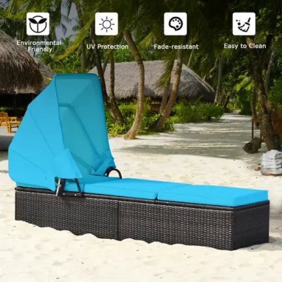 Tangkula Rattan Patio Chaise Lounge Chair W/ Adjustable Canopy Turquoise Cushion image {3}