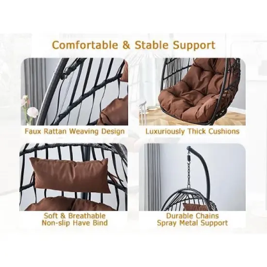 FIONECA Indoor/Outdoor Egg Swing Chair with Stand &uml;C Gray Wicker Hanging Hammock Chair with Rope Back, Cushion & Cover image {8}