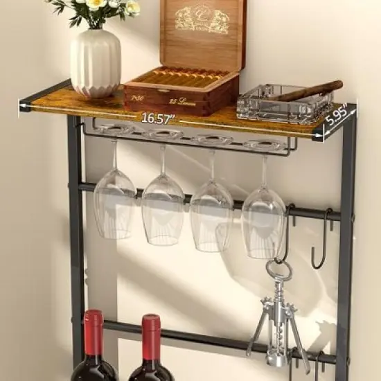 Itopfox 5-Tier Freestanding Wine Rack with Glasses Holder and 4 S Hooks, Corner Mini Bar Cabinet for Small Spaces, Holds 8 Bottles image {3}