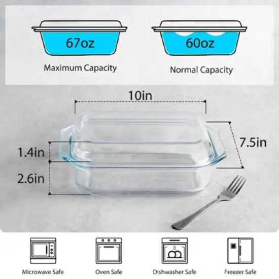 Itopfox 2 QT Rectangular Glass Casserole Dish with Lid, Oven Safe Tempered Glass Bakeware for Cooking, Baking, and Serving image {1}