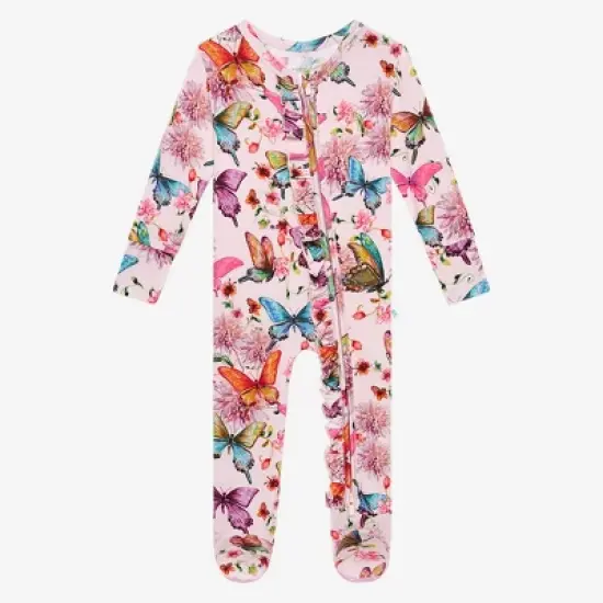 Infant Watercolor Butterfly Footie Ruffled Zippered One Piece - Posh Peanut image {6}