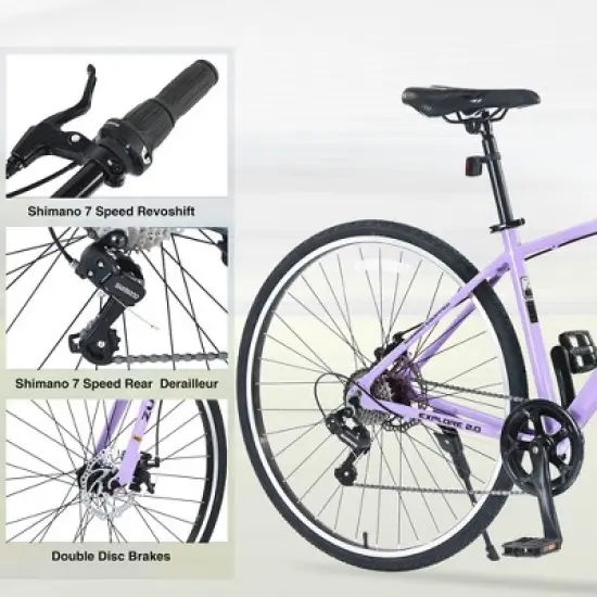 NAYSAYE Bicycle 7 Speed Hybrid Bike Aluminum Frame Double Disc Brakes for City Adventures, Purple, 64.57"*25.19"*37.79" image {2}