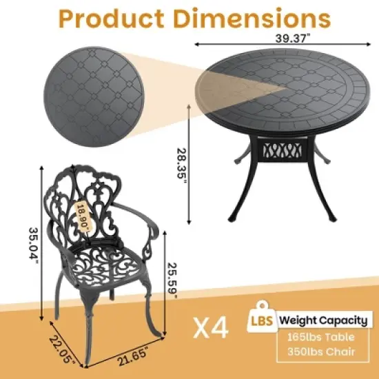 5-Piece Cast Aluminum Outdoor Dining Set with Beige Cushions, Rectangle Table & Ergonomic Chairs - for Patio, Backyard image {3}