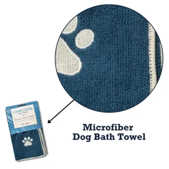 Country Living Large Marine Blue Microfiber Dog Bath Towel - Quick-Drying, Absorbent, and Durable, Machine Washable, Embroidered Paw Print, 48" x 22" image {4}