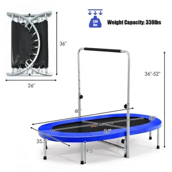 Costway 50'' Trampoline for 2 People Foldable Rebouncer w/Adjustable Handrail Red\Blue image {2}