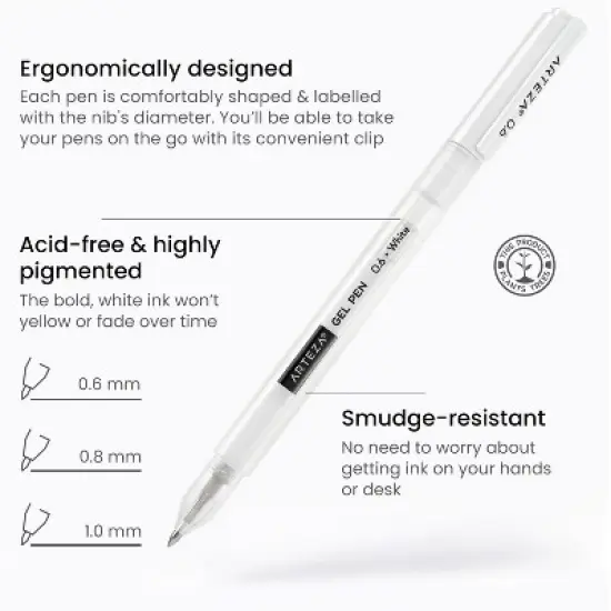 Arteza Gel Pen Set, White, 0.6mm, 0.8mm, and 1.00 mm Nibs - Doodle, Draw, Journal -12 Pack image {1}
