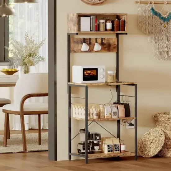 Kitchen Bakers Rack with Power Outlet, Microwave Stand, 4 Tiers Coffee Bar Station, Kitchen Storage Shelf w/Hooks, Rack for Spices, Pots Pans image {9}