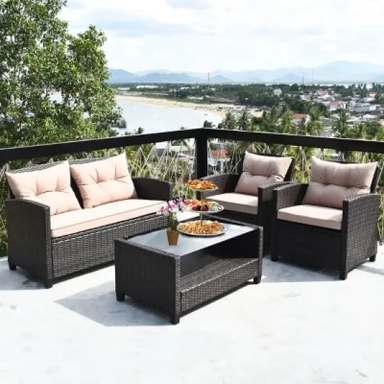 Costway 4PCS Outdoor Rattan Furniture Set Cushioned Sofa Armrest Table image {2}