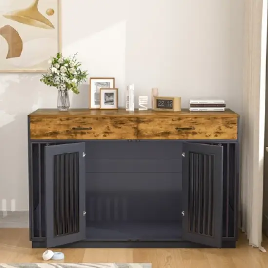 VECELO 55.1" Dog Crate, Wooden Decorative Dog Kennel Indoor With 2 Drawers for Medium/Large Dogs, Brown image {1}