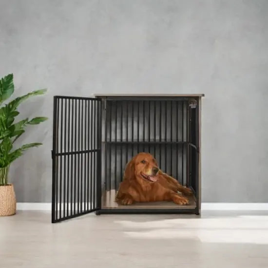 Heather Greige Dog Crate Furniture.as a 43.3" side end table.for dogs up to 80 lb, with a heavy-duty cage, enclosed base and double - door design. image {1}