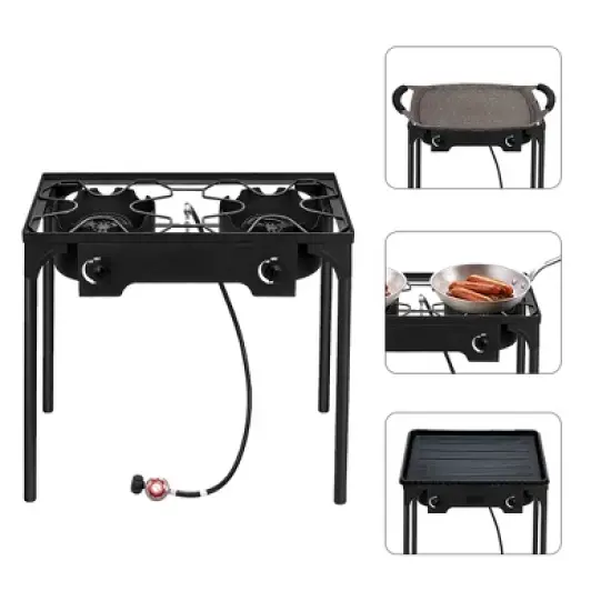 KTMBDW Outdoor Camp Stove High Pressure Propane Gas Cooker Portable Cast Iron Patio Cooking Burner (Double Burner 150000-BTU), Black image {2}