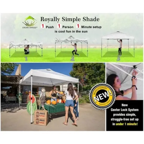Crown Shades 10' x 10' Base Pop-Up Canopy Polyester Adjustable Legs Instant Folding Canopy Tent with Sidewall and Carry Bag, White image {1}