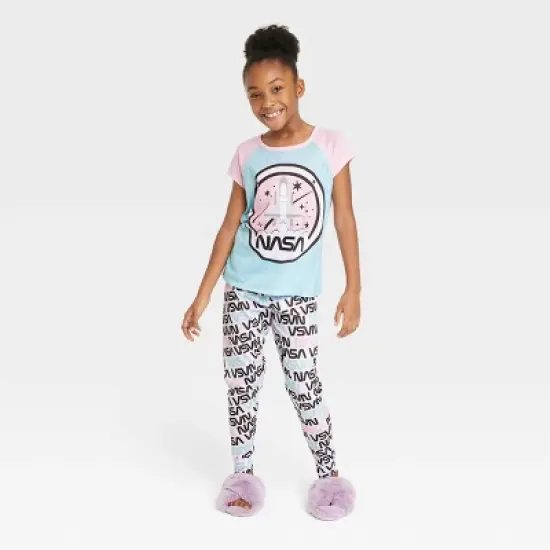 Girls' NASA 2pc Short Sleeve Top and Joggers Pajama Set - Pink/Blue/White  image {2}