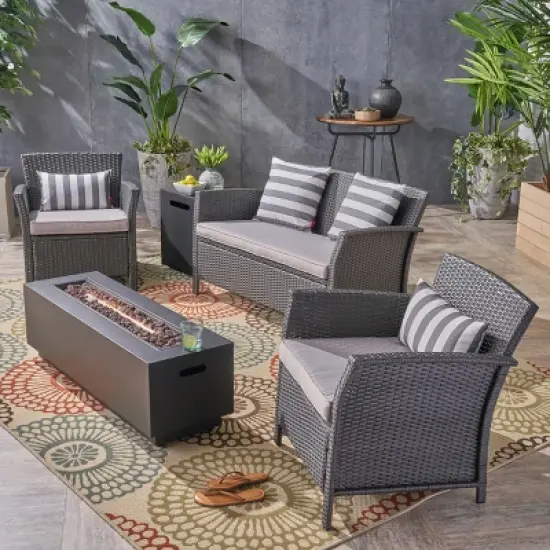 Christopher Knight Home Khaden Outdoor Wicker 4 Seater Chat Set with Fire Pit image {1}