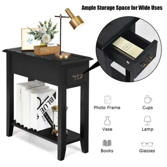 Costway 2 Tier End Bedside Sofa Side Table Narrow Nightstand w/Drawer &Shelf Black image {7}