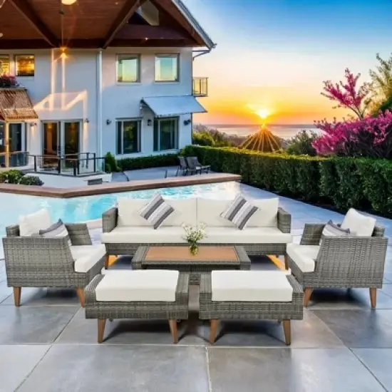 ELJGET 6 Pieces Wicker Patio Furniture Sets Outdoor Conversation Set, All Weather PE Rattan Sectional Sofa Couch with Storage Table and Cushions image {1}