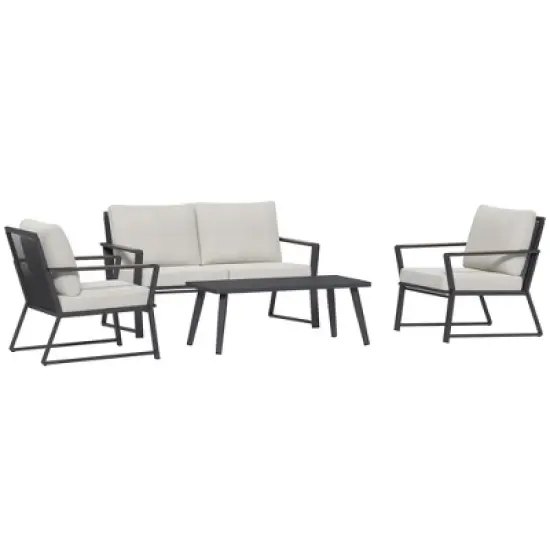 Outsunny 4 Piece Patio Furniture Set, Aluminum Conversation Set, Outdoor Garden Sofa Set with Armchairs, Loveseat, Center Coffee Table and Cushions image {6}