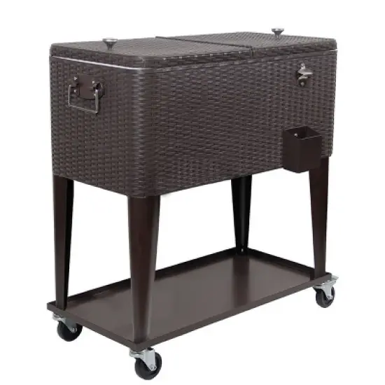 Home Aesthetics Outdoor Patio Rolling Cooler Cart 80 Qt Wicker Ice Chest Beverage Brown Rattan image {6}