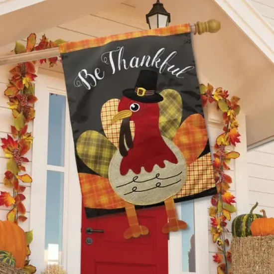 Briarwood Lane Colorful Turkey Thanksgiving Applique House Flag Be Thankful Embroidered 28"x40" image {2}