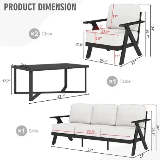 YARDSIGHT 4-Piece Aluminum Outdoor Patio Furniture Set with 3-Seat Couch, 2 Armchairs, and Coffee Table for Backyard, Deck, Poolside image {2}