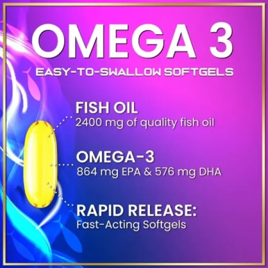 Omega 3 Fish Oil Triple Strength 2400 mg Softgels, Omega-3 Supplements, Natural Heart Health Brain & Joint Support - 120 Softgels By Hello Lovely! image {2}