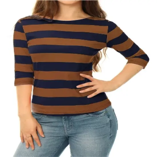 Allegra K Women's Elbow Sleeves Casual Basic Boat Neck Slim Fit T-Shirts image {14}