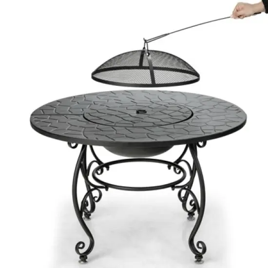 WELLFOR 35.5" Wood Burning Dining Table Outdoor Fire Table With Cover & Cook Grate W-70941 Black image {1}