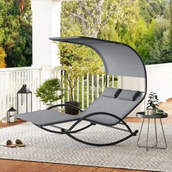 Tangkula Outdoor Double Chaise Rocker Rocking Daybed Sun Lounger w/ Sun Shade Canopy image {3}