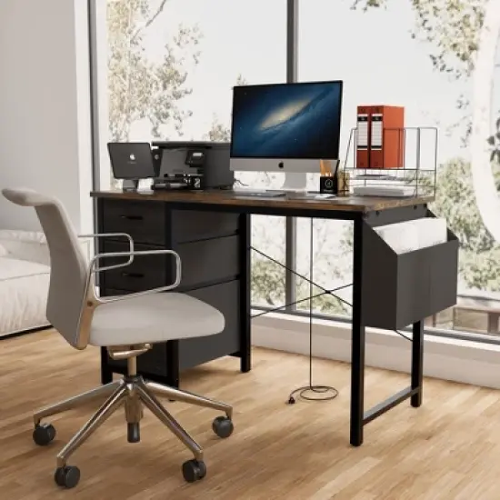Kumasinova 47" Computer Desk with 3 Drawers,Office Desk with Power Outlets,Gaming Desk with Side Pocket,Study Desk for Home Office image {6}
