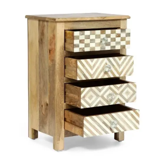 Sandia Handcrafted Boho 4 Drawer Mango Wood Nightstand Natural/White - Christopher Knight Home image {2}
