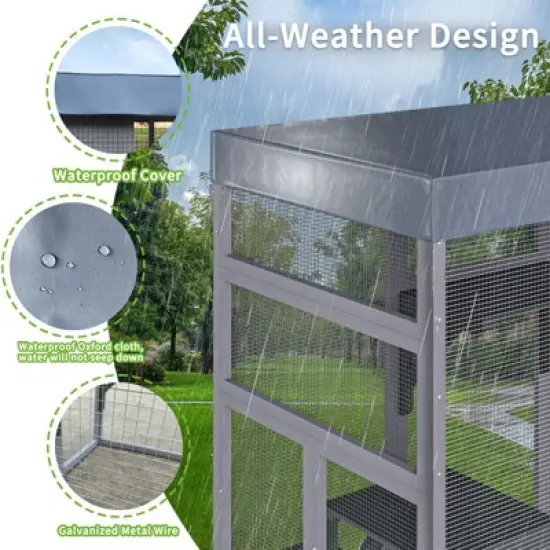 ORRD 62.6" Wooden Outdoor Catio with Waterproof Roof, Large Cat Enclosure with Houses, Platforms & Wire Mesh image {2}