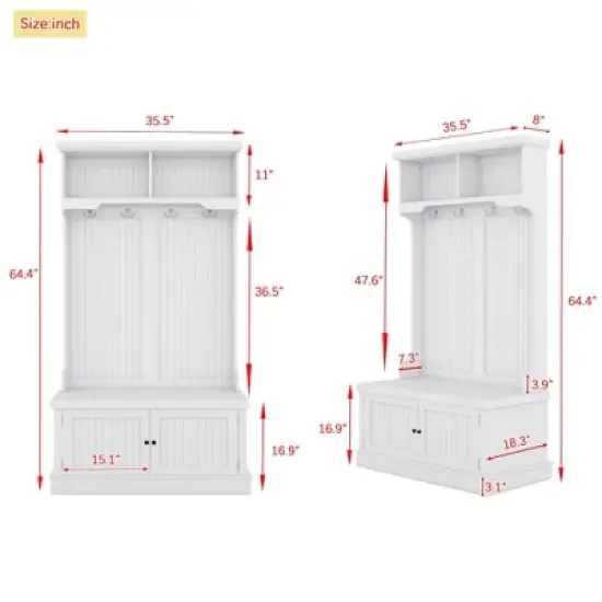 GustoWave 64.4''H Hall Tree Entryway Organizer with Storage Shoe Bench, Multi-Functional Coat Racks with 4 Hooks for Living Room, White image {1}