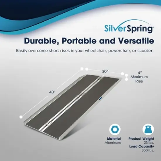 Silver Spring Mobility and Utility Ramp, 4 Foot Long Single Folding Textured Grit Traction Surface, 600 lb Capacity with 2 Inch Side Rails, Silver image {2}