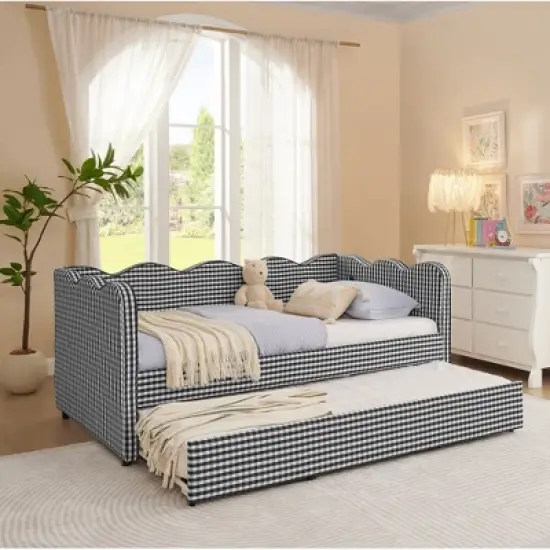 Lycvki Gingham Sofa with Trundle Twin Size Bed Frame No Mattress image {11}