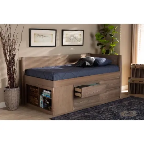 Twin 4 Drawer Levon Wood Storage Bed Antique Oak - Baxton Studio: MDF Frame, No Box Spring Needed image {8}