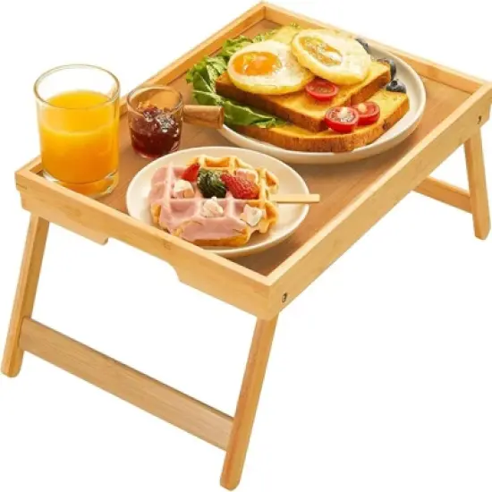Attop Bamboo Bed Tray Table with Folding Legs Breakfast Serving Tray for Sofa Bed Dining Laptop Snack Desk Natural image {5}
